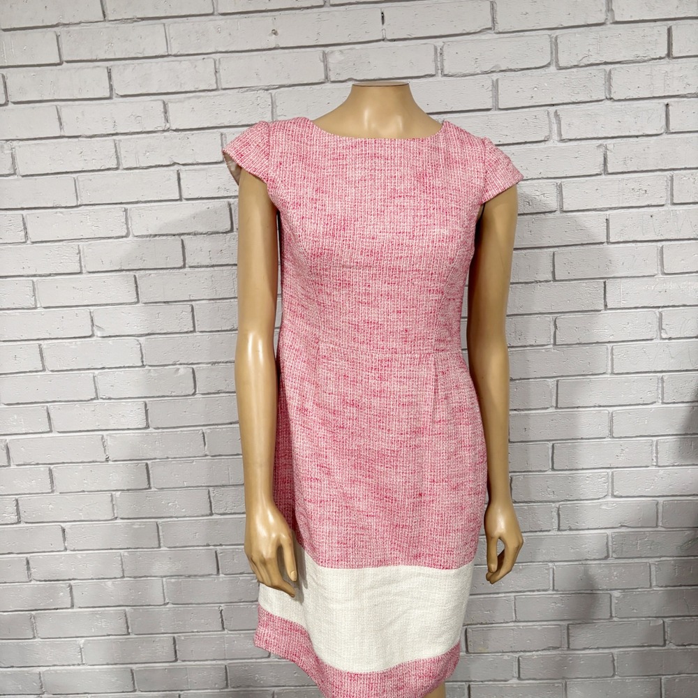 Kay Unger New York Pink White Tweed Colorblock Sheath Dress Cap Sleeve Size 8